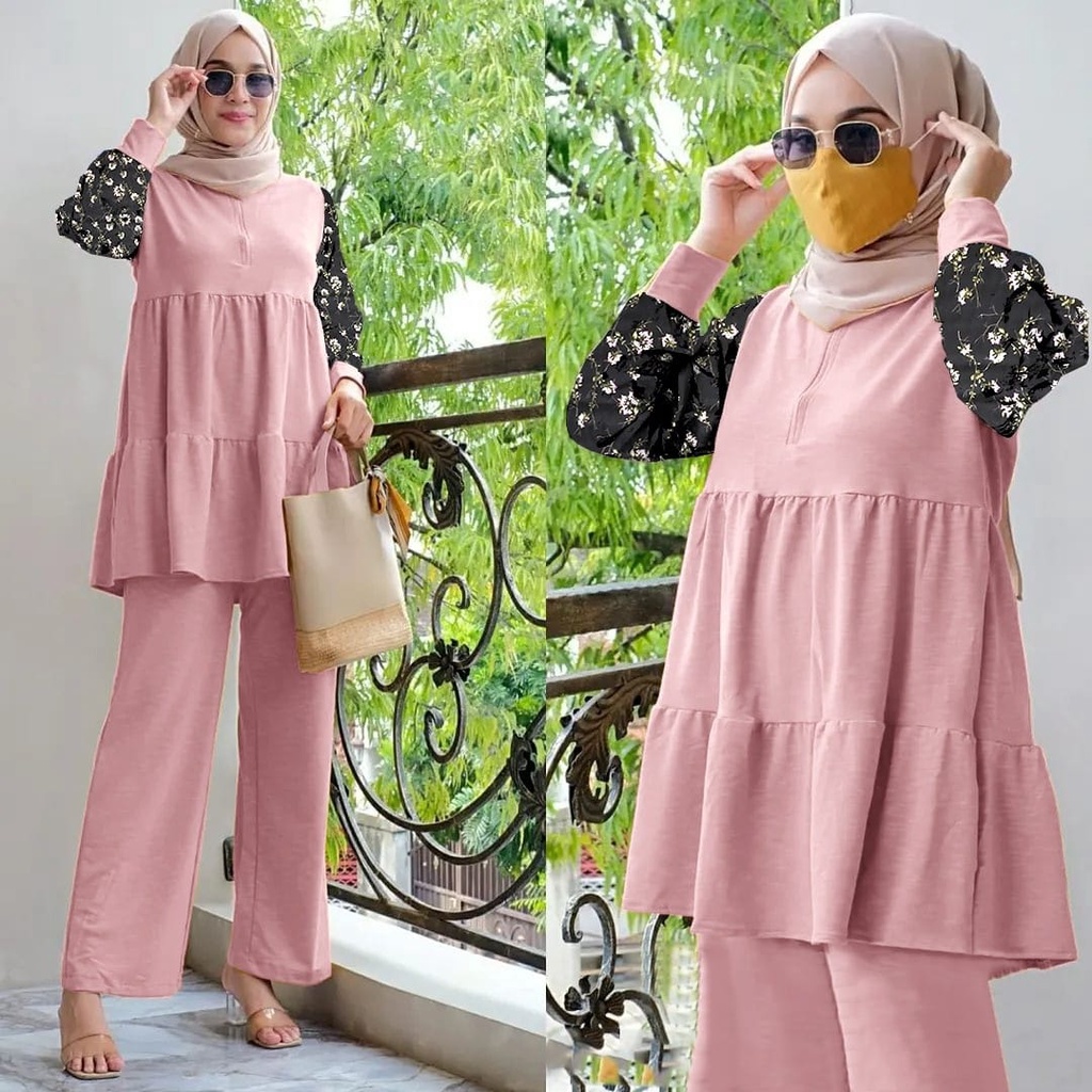 Baju setelan wanita kekinian fashion muslim celana tunik Kimiko Set Busui Friendly model import keki