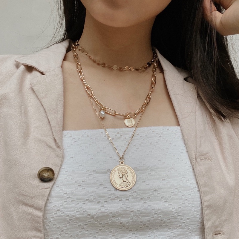 Kalung Rantai Layer / Kalung Aesthetic / Aksesoris Kalung Wanita Korea Necklace Impor