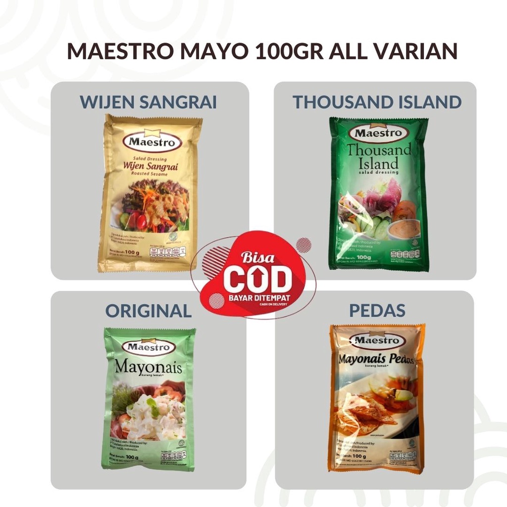 

Maestro Mayonais All Varian 100gr - Maestro Mayonais Pedas - Maestro Wijen Sangrai - Maestro Thousand Island - Maestro Salad Dressing