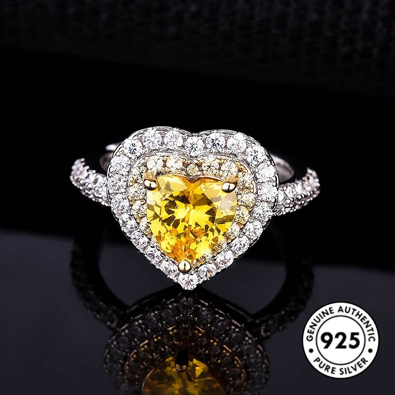 Cincin S925 Silver Bentuk Hati Aksen Berlian Warna Kuning