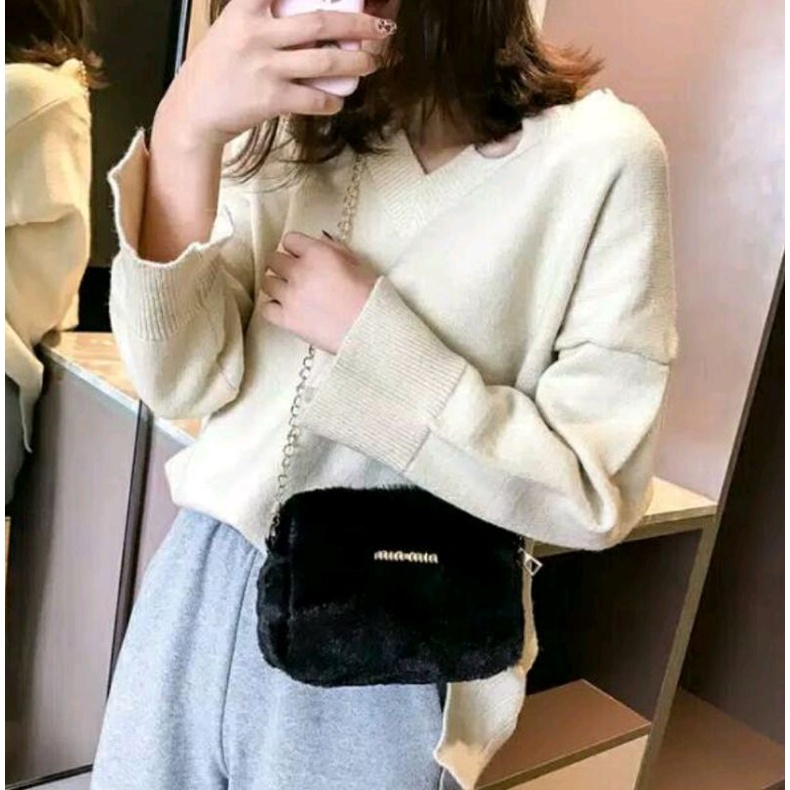KHS Tas Selempang Bahu Resleting Michele TasDoctor MinMin Bahan Bulu Bludru Plush Fluffy Fur Sling B