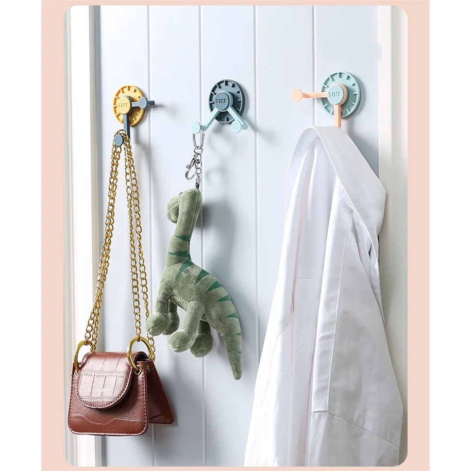 Gantungan Tempel Dinding 2 Kait Model Jam Time Holder / Cantelan Gantung Tas Kunci Kabel Baju Peralatan Dapur Ruang Tamu / Double Hook Holder Tempel Tembok Dinding Kaca Kayu 2 Pengait Interior Minimalis Modern Warna Pastel Serbaguna-4