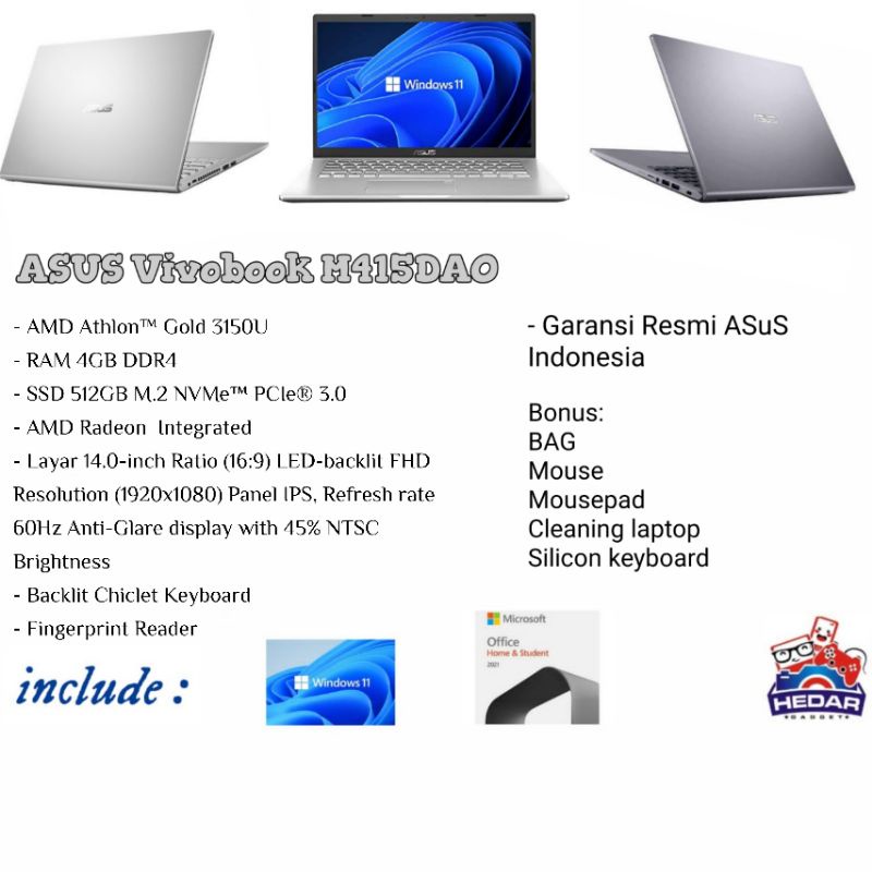 ASUS VivoBook M415DAO Athlon Gold 3150U 4GB 512GB AMD W11 OHS 14 FHD