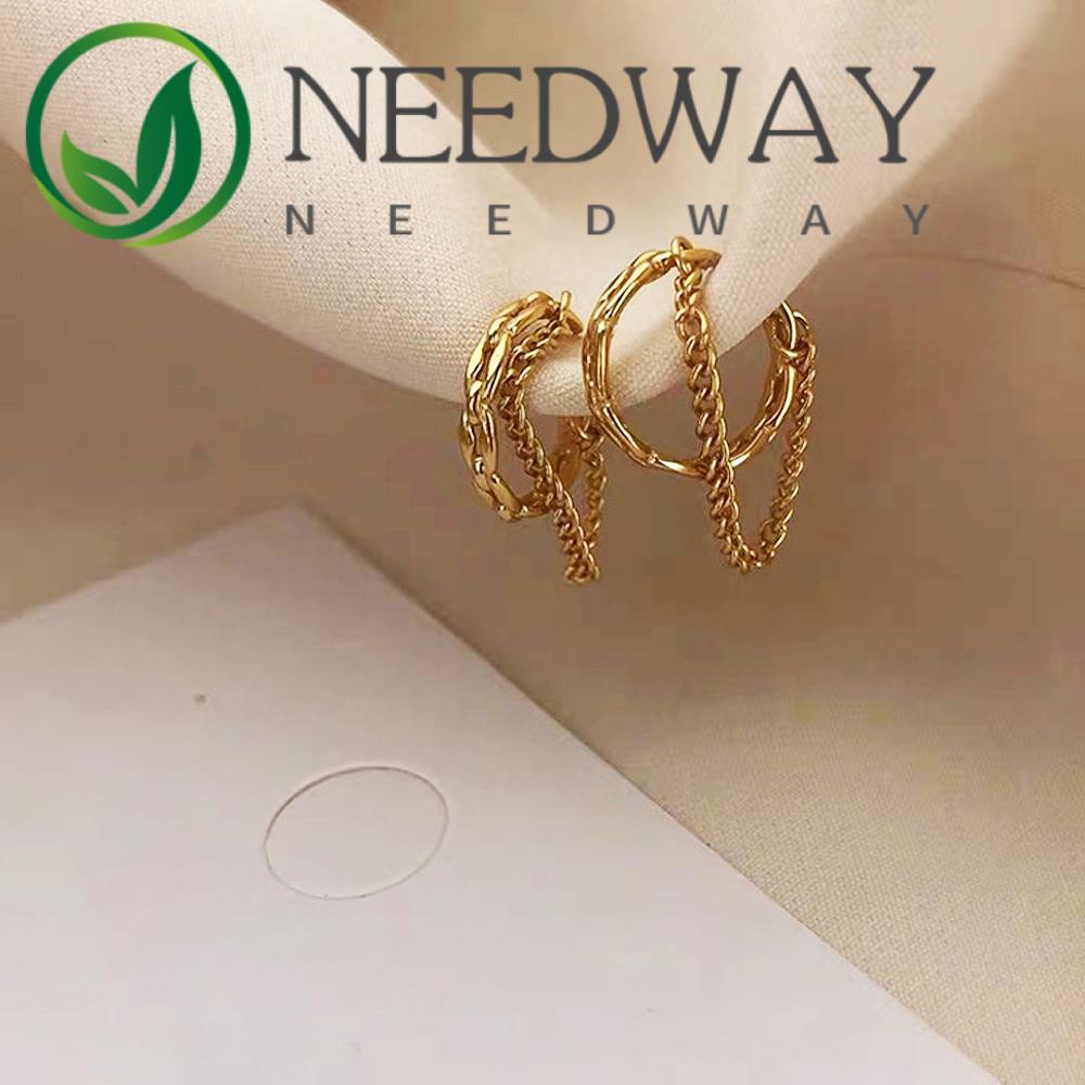 Needway  Gift Clip on Earrings Fashion No Piercing Ear Cuffs Women Chain Party Gold Plated Double Layer Girl Hollow