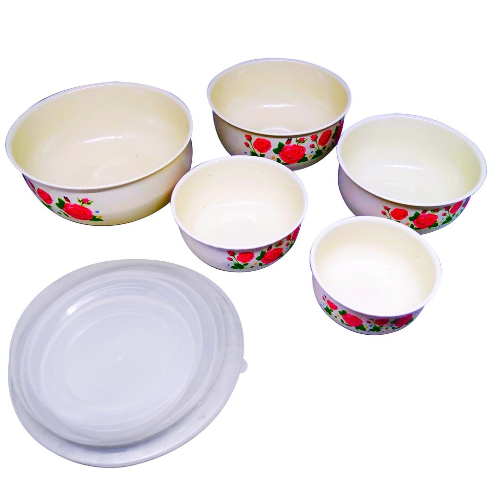 Mangkuk Enamel Mixing Bowl GSF Motif 5 pcs dan Tutup