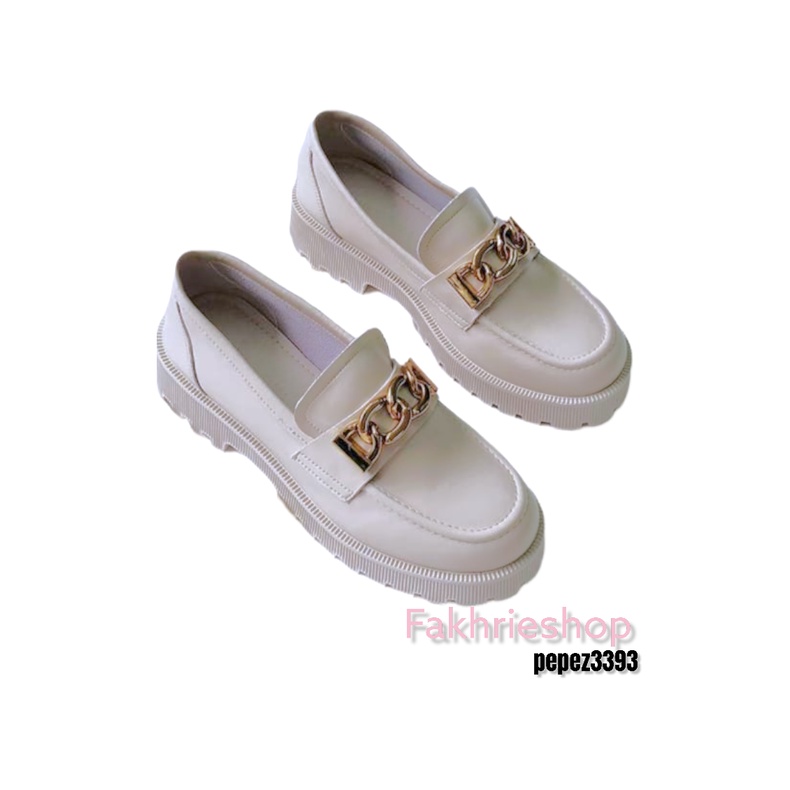 fakhrieshop- Sepatu Wanita Loafer/ Sepatu White Rantai Gold Premium RW2114