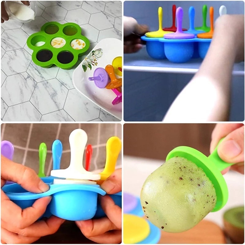 7 Grid Reusable Food Grade Silicone Popsicle Molds /Mini Silicone Ice Cream Molds /DIY Baby Food Supplement Ice Cream Lolly Mold With 7 Colorful Sticks/ Freezer Juice Ice Cube Tray Ice Mould