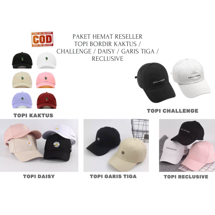 PAKET HEMAT KHUSUS RESELLER TOPI BORDIR SMILE / RECLUSIVE / CHALLENGE / GARIS TIGA KUALITAS BORDIR PREMIUM