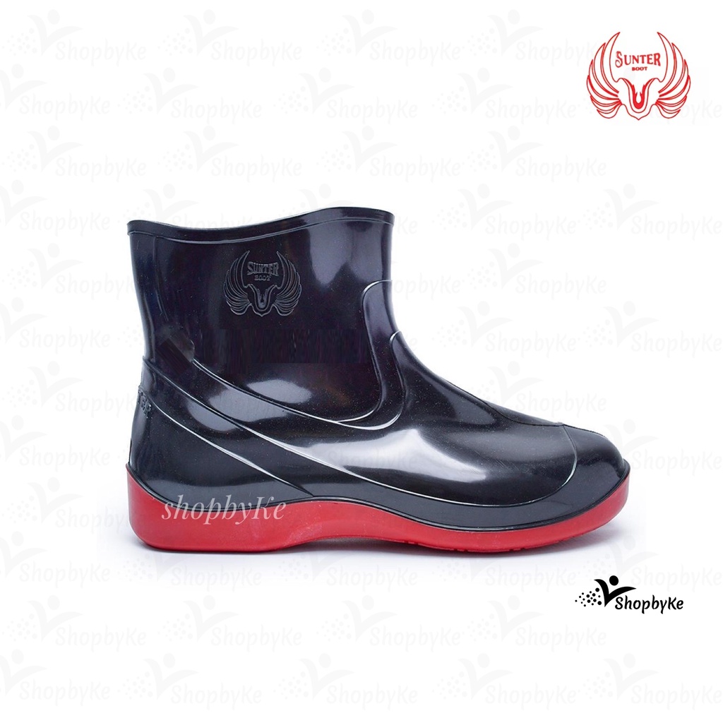 Sepatu Boots Karet Pendek Sunter Relax Hitam Sol Merah dan Hitam Sol Penthel Glossy Mengkilap