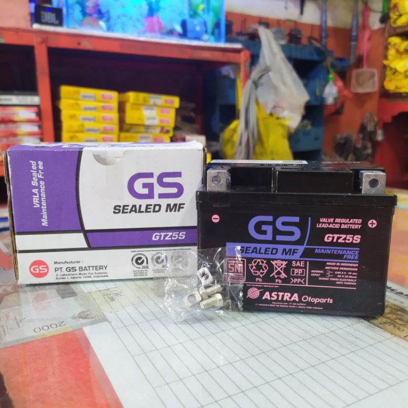 GS SEALED MF GTZ5S 12V 3,5Ah/10Hr / AKI BATERAI SEPEDA MOTOR KERING SUPRA X 125 REVO ABSOLUTE BEAT VARIO SCOOPY SPACY MIO S J SOUL XEON GT VIXION SPIN SKYWAVE SKYDRIVE VERZA TIGER CBR 150 CB150R 125 150 FI INJEKSI JUPITER MX FINO ASLI ORI ORIGINAL OEM