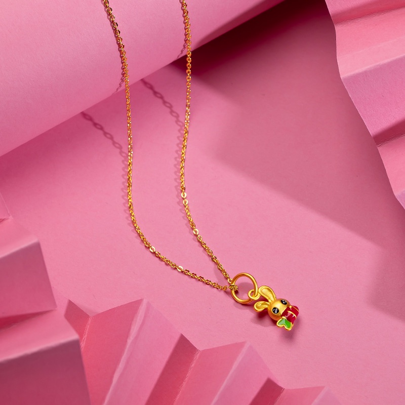 Set Kalung Gelang Emas Asli Kadar 375 Desain Mata Kucing Lobak Kelinci Warna Pink