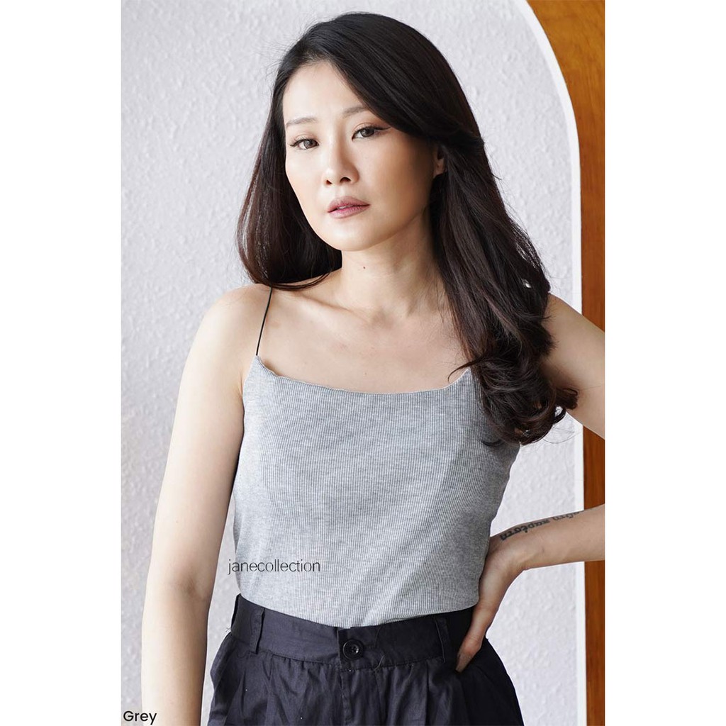 JANE COLLECTION || Tanktop Hitam Wanita Satu Tali Spaghetti Kamisol Rib Knit Tank Top Rajut Putih