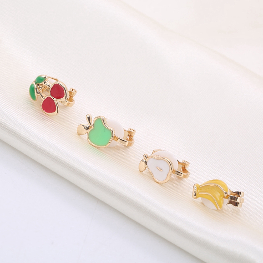 Anting Klip Enamel Tanpa Tindik Desain Kartun Buah Ceri Apel Pir Pisang Untuk Perhiasan Wanita