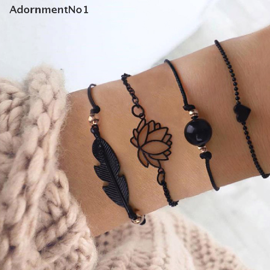 (AdornmentNo1) 4pcs / set Gelang Tangan Rantai Gaya Boho Motif Bulu / Bunga Teratai / Geometri Untuk Wanita