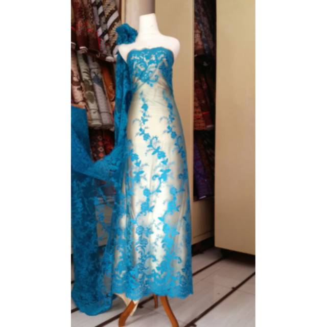 kain brukat lace Tile cord timbul biru perancis korneli