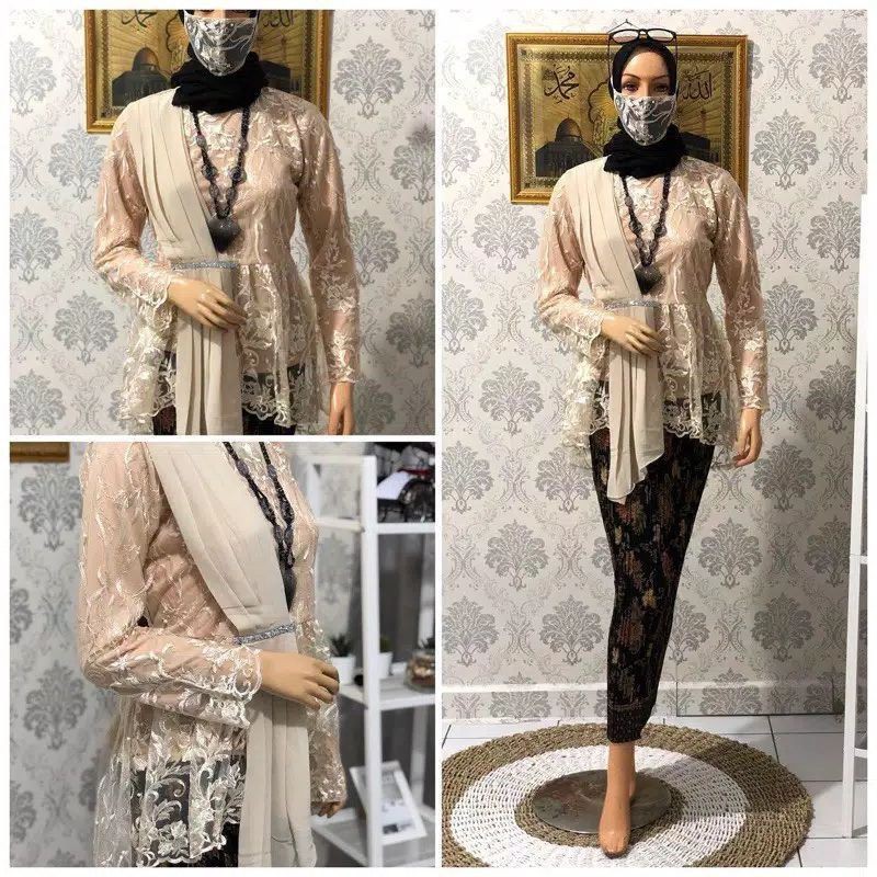 COD √ SETELAN KEBAYA MODERN SELENDANG/KEBAYA WISUDA/KEBAYA BRUKAT/BAJU KEBAYA MODERN/KEBAYA MUSLIM/ATASAN KEBAYA MODERN/ATASAN KEBAYA BRUKAT/AURORA SELENDANG/KEBAYA LAMARAN/KEBAYA AKAD/KEBAYA BY KIRANAOL-Set Krem