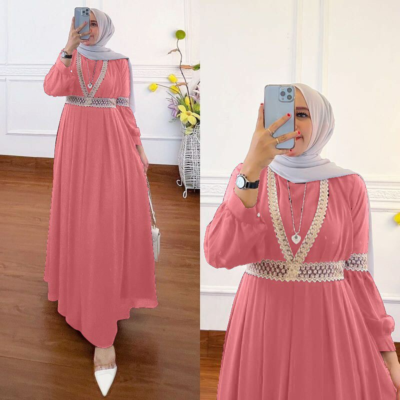 COD - Qaisha Dress Muslim Ceruty Aksen Renda Import Premium Fashion Gamis Gaun Maxy Lebaran Pesta Kondangan Terbaru-Peach