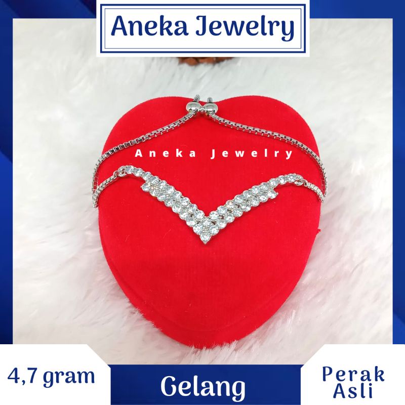 Gelang Serut V Mata2, Perak 925, Lapis Emas Putih