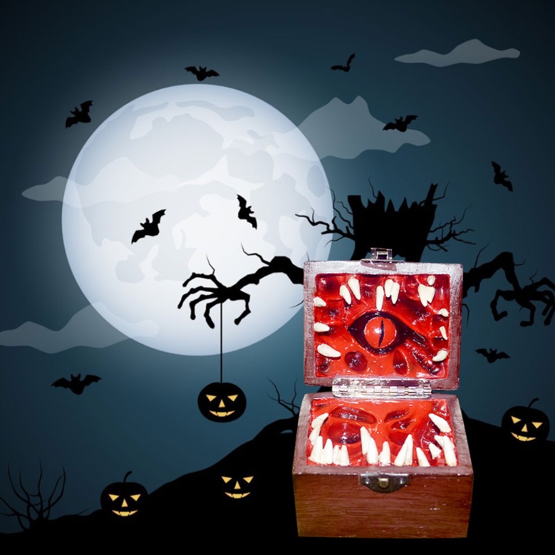 Ornamen Kotak Halloween Mata Crimson Gigi Tajam Bahan Resin Untuk Halaman Taman Indoor Outdoor