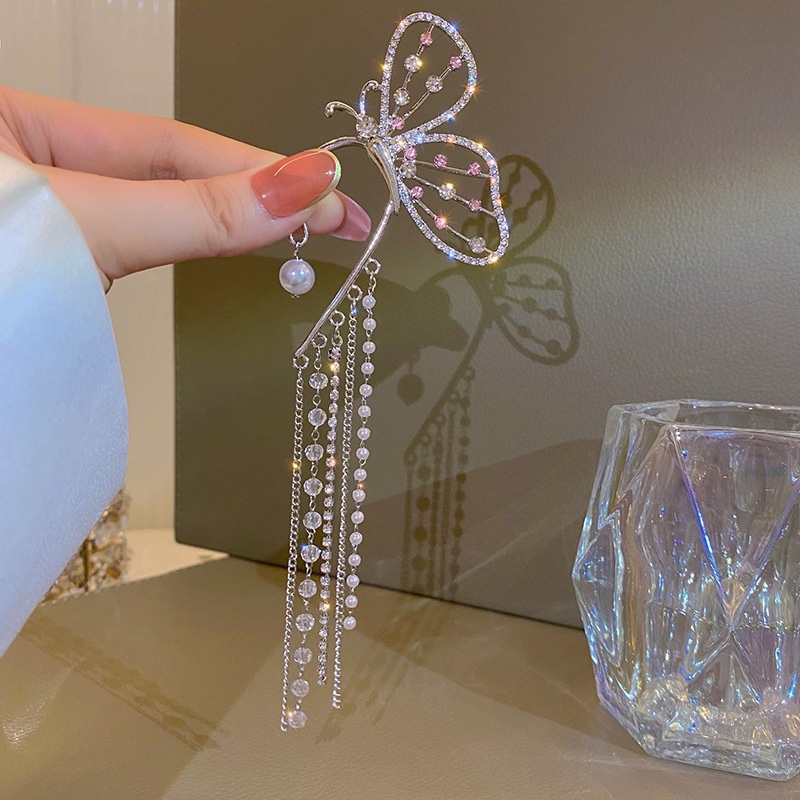 Elegant Crystal Ear Clip Butterfly Tassel Earrings for Women Shining Bowknot Flower Ear Accessories Jewelry