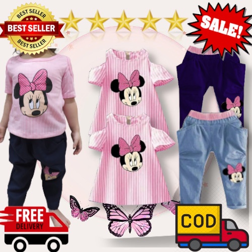 VISION ONLINE-SETELAN BAJU ANAK PEREMPUAN KAOS CELANA DENIM CEWEK 1 2 3 4 TAHUN STRIPY MINNIE PINKY