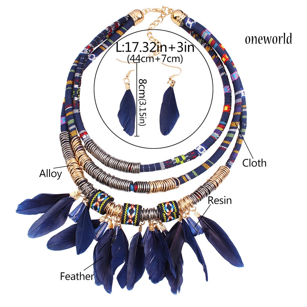 OW@ 2Pcs Feather Tassel Charm Multilayer Choker Lady Statement Necklace Earrings Set