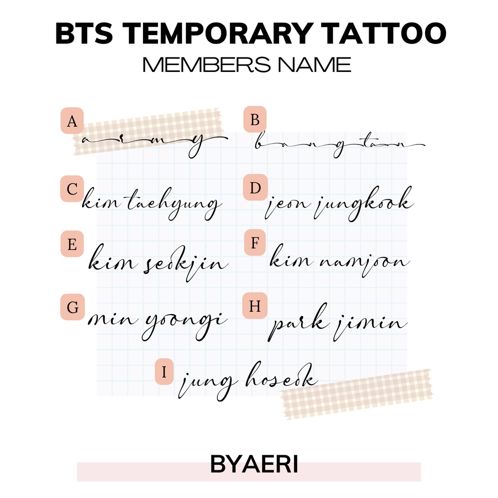 BTS NAME TEMPORARY TATTOO (Tato Temporer Stiker Nama Member Tato Jungkook ARMY NON-PERMANEN KPOP TATO)