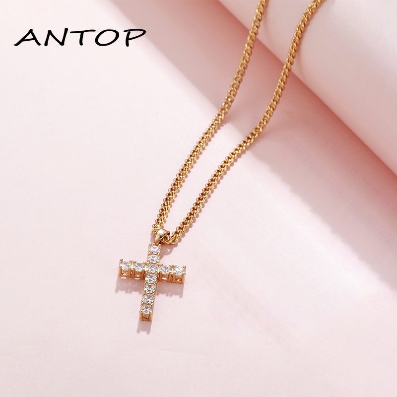 Retro Cross Kalung Emas Cubic Zirconia Hias Wanita Fashion Aksesori Hadiah ANTOP