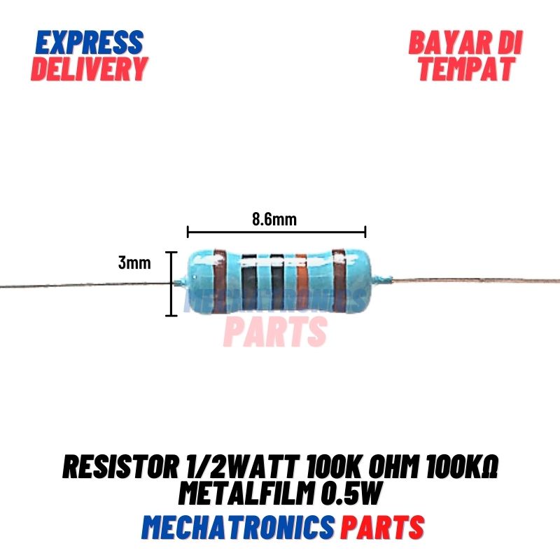 5 Buah Resistor 1/2Watt 100K Ohm 100KΩ Metalfilm 0.5W