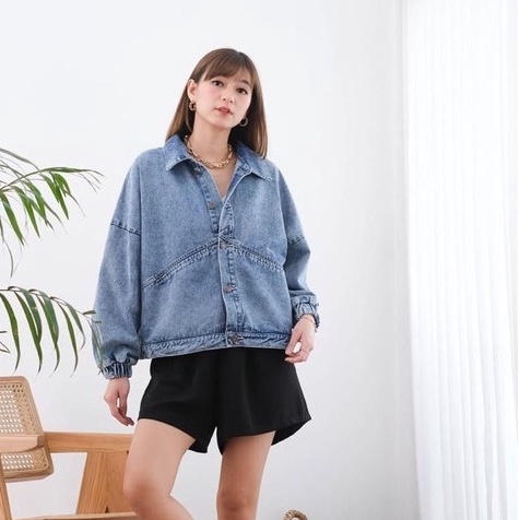 HOPYLOVY Jaket Jeans Oversize Wanita Lengan Manset Kekinian Jenner