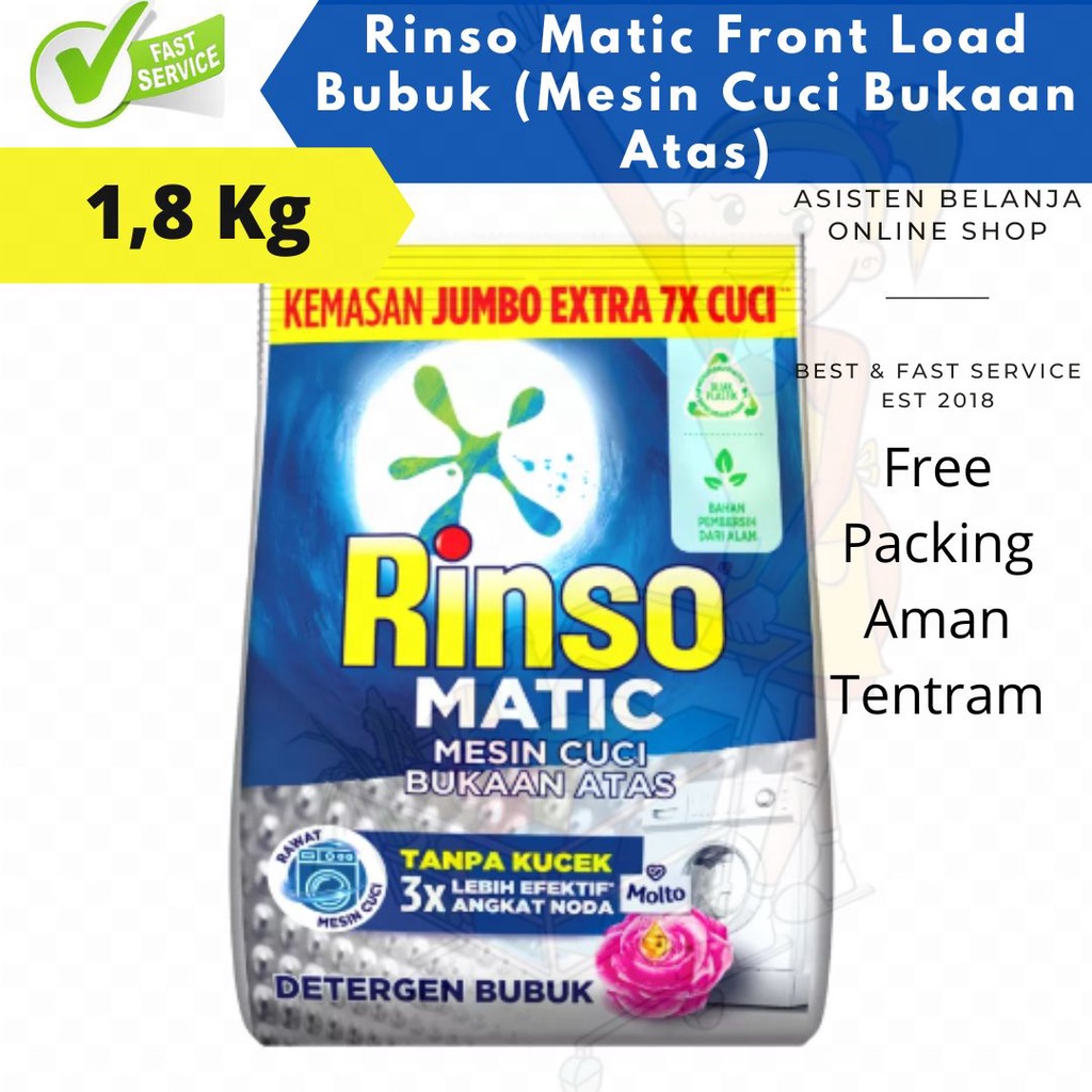 RINSO MATIC Bubuk Front Load Refill 1.8 Kg Detergen Khusus Untuk Mesin Cuci Buka Bukaan Depan 1,8 1.8kg 1800g 1800gr