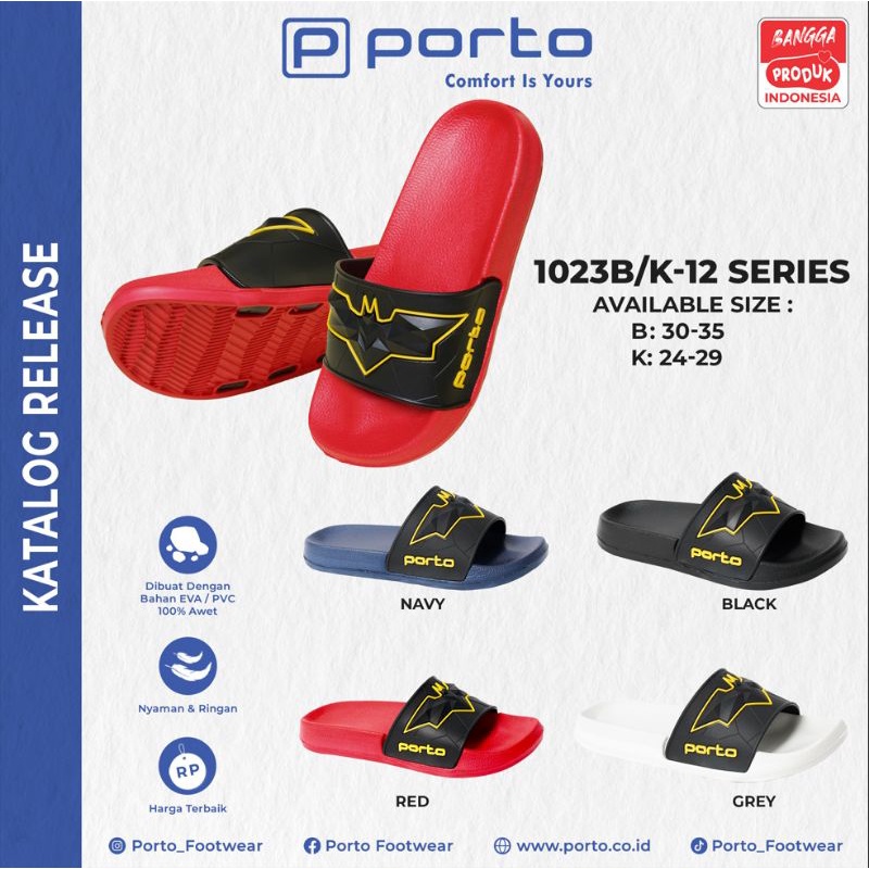 Porto original brand 1023K-7 / sandal anak laki-laki porto slop 1023k-7 karakter ringan empuk nyaman dipake size 24/29 - 30/35 bervariasi warna