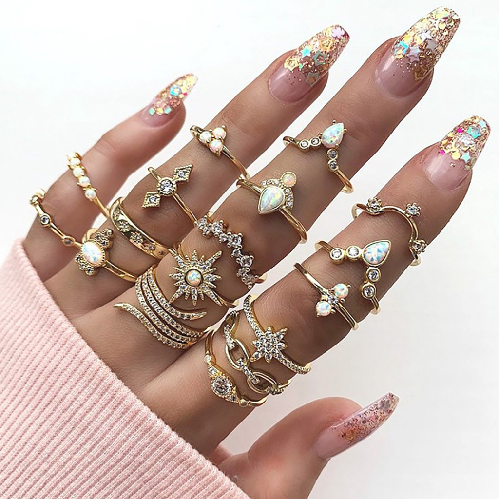 Hu Hu Hu Hu Hu Alat Bantu Pasang Kacamata♡ 17pcs Cincin Knuckle Bahan Alloy Desain Ukiran Hias Permata Imitasi Gaya Unikbohoetnik Untuk Wanita