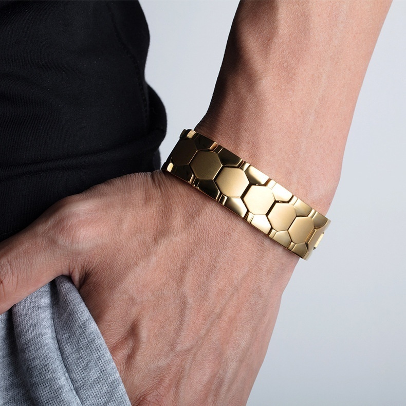 gelang magnetik bahan titanium steel lapis emas 925 silver gaya kasual untuk pria