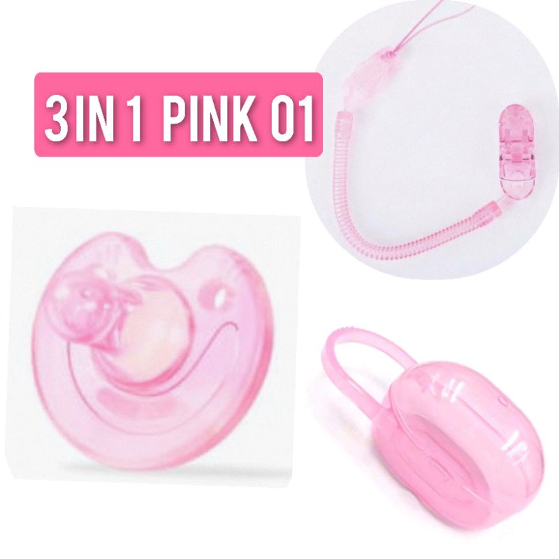 Dot Bayi Empeng Bayi Silikon 3 in 1 set orthodontics bpa free Dot Empeng Bayi Silikon with box and chain-3 IN 1 PINK 01
