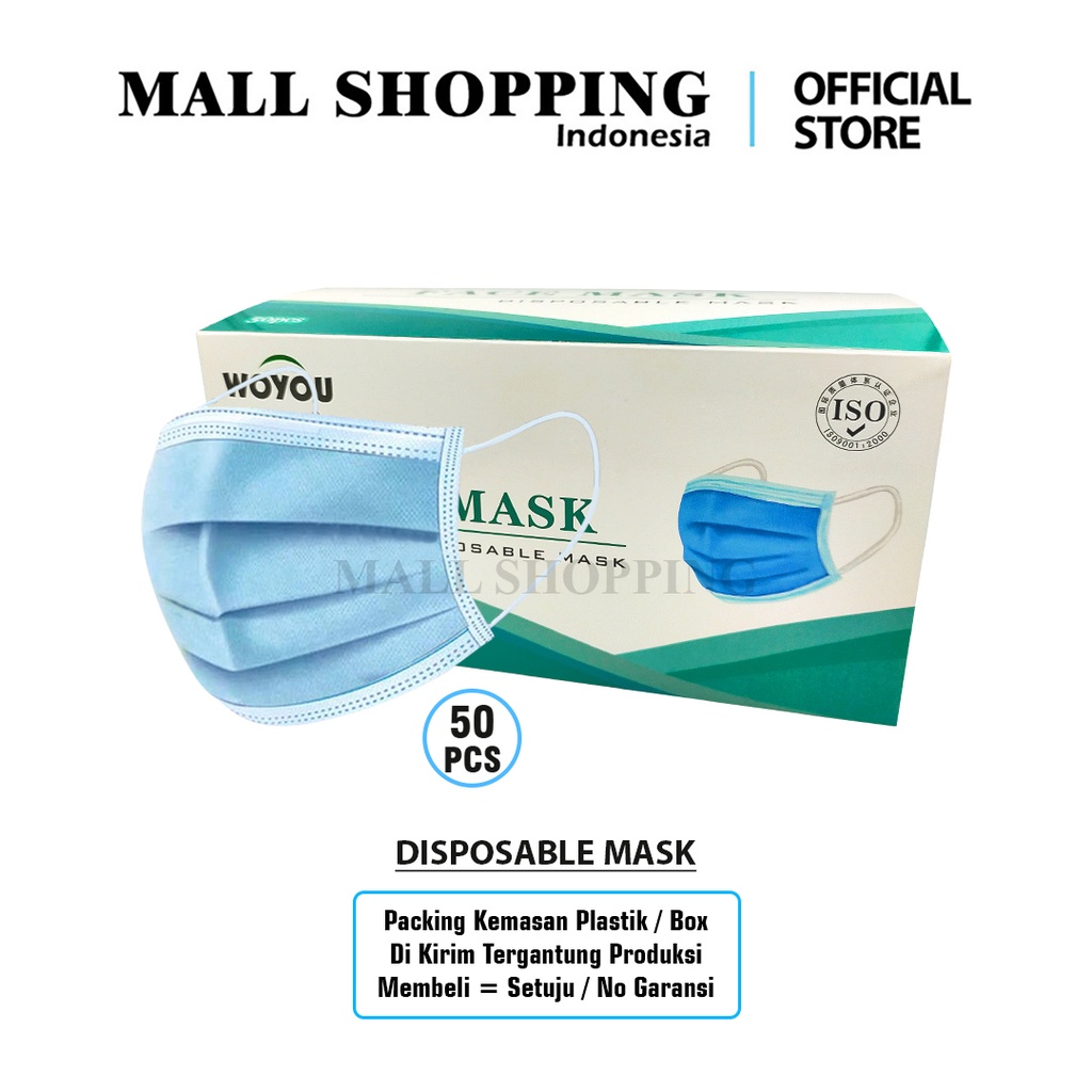 (COD) Masker Earloop Isi 50 pcs Disposable Protective Face Mask 3 PLY Kesehatan MALLSHOPPING