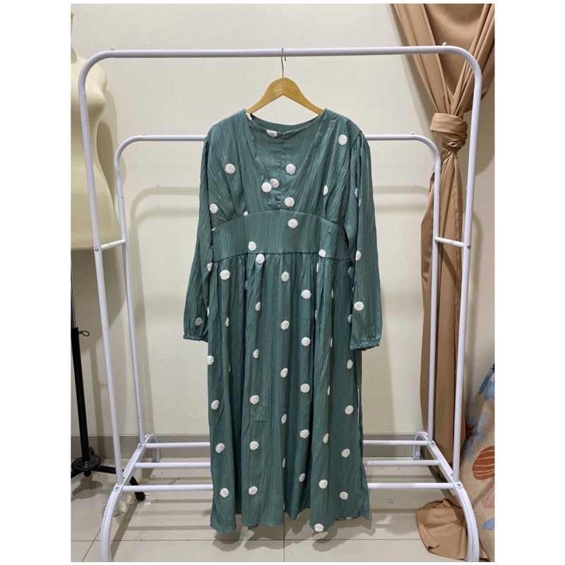Midi Dress Lesti / Midi serat kayu / midi pompom / pompom bordir serat kayu lesti
