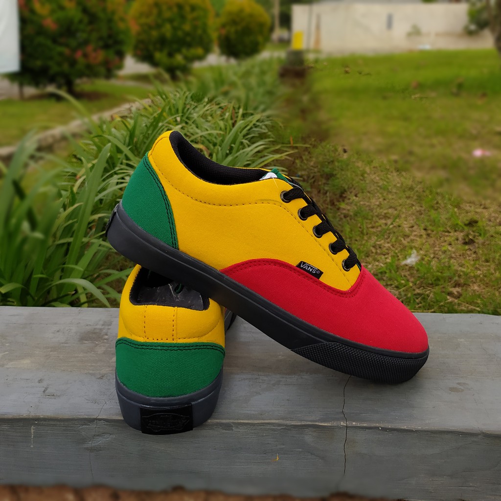 SEPATU REGGAE REGAE RASTA VANS ERA KASUAL MERAH KUNING HIJAU JAMAICA FOX PUTIH-HITAM