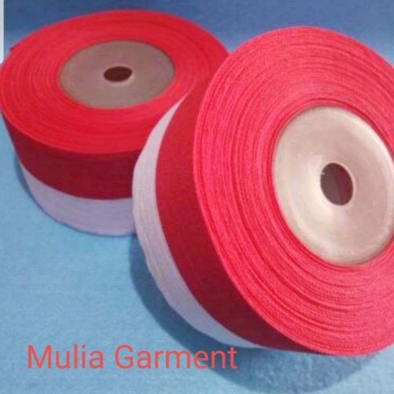 PITA MERAH PUTIH LEBAR 5CM BAHAN SATIN HARGA PER ROLL ISI 18 METER
