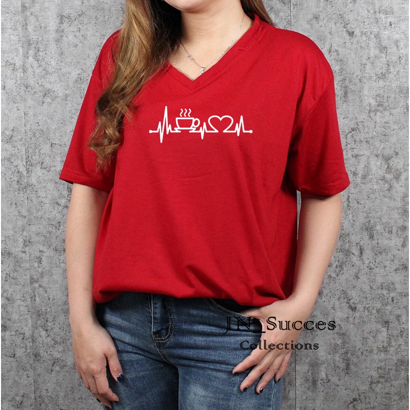 Kaos V Neck Motif Detak Love Kopi / Kaos V Neck Lengan Pendek / Kaos Wanita / Baju Wanita
