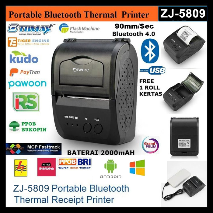 

A81Duya Iware Zj-5809 Mini Portable Bluetooth Thermal Printer Ppob/Kasir 58Mm As71S0D