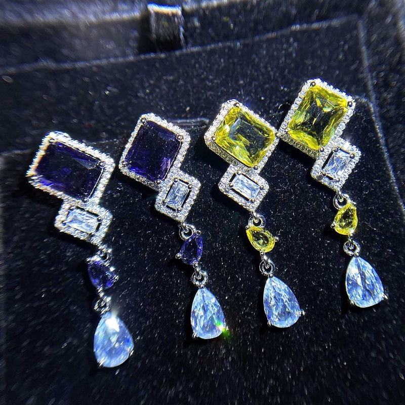 Retro Crystal Eardrops Inlaid Yellow Gem Square Moissanite Sterling Silver Needle