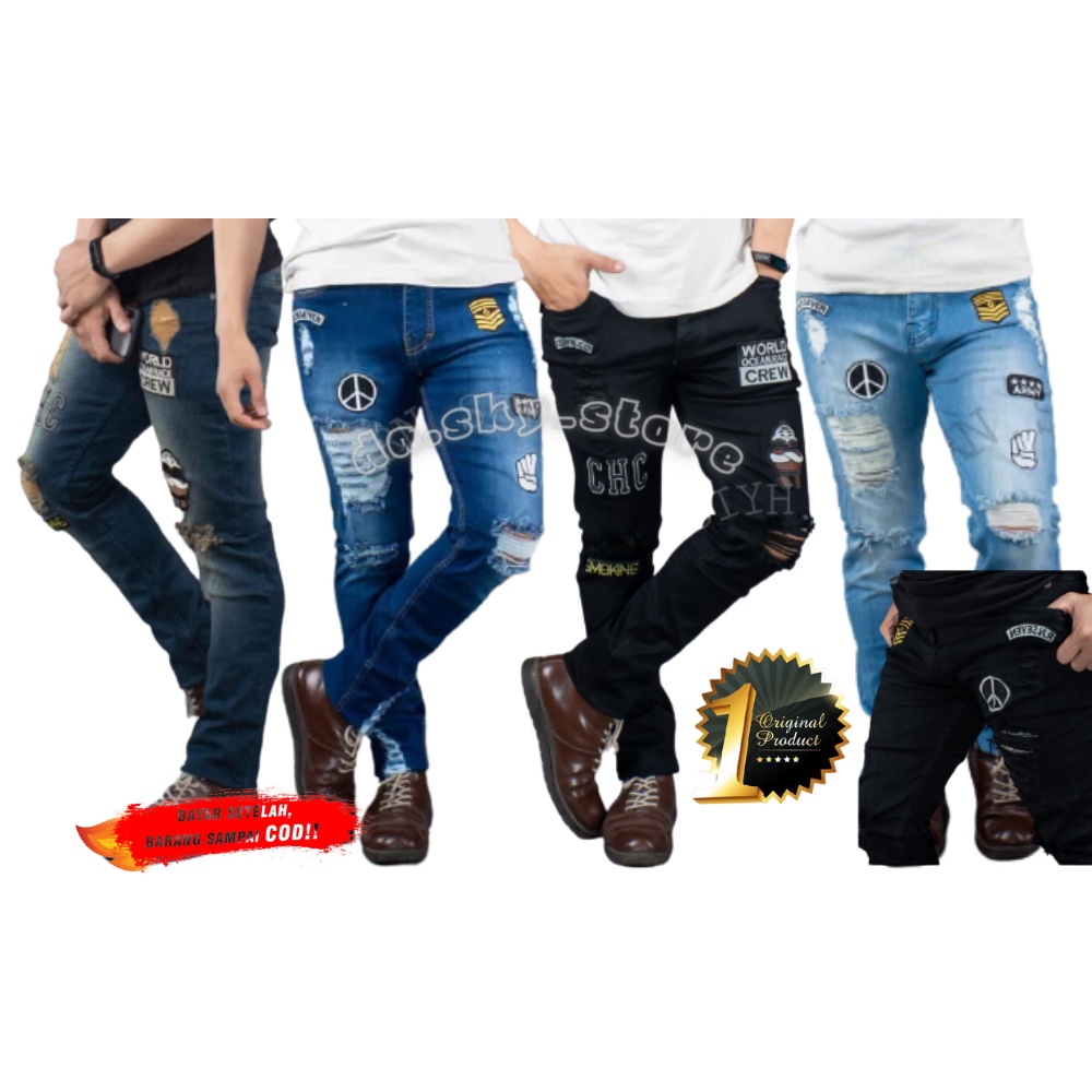 SEPAN PANJANG SOFTJEANS RIPPED BORDIR SOFTJEANS SOBEK EMBLEM SOFTJEANS RIPPED SOBEK DENIM JEANS PRIA