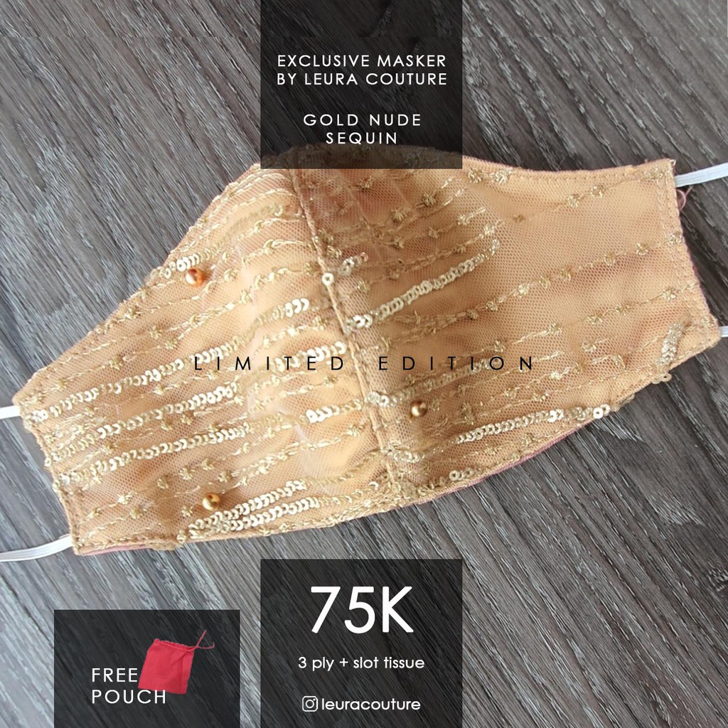 MASKER PESTA GOLD NUDE SEQUIN + FREE POUCH