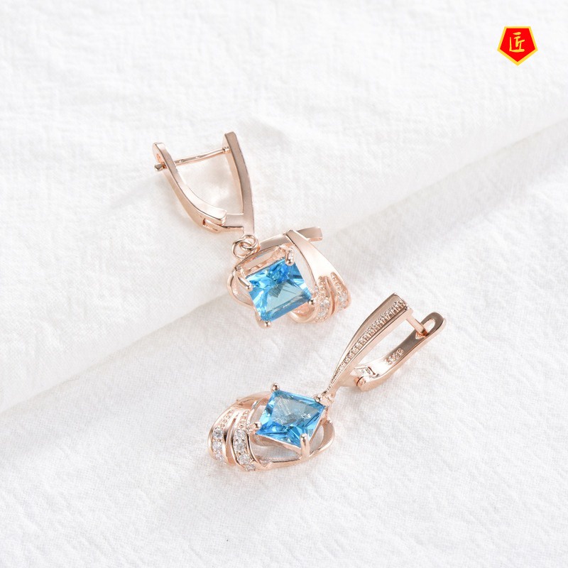 [Ready Stock]Women's Sea Blue Topaz Rose Gold Stud Earrings