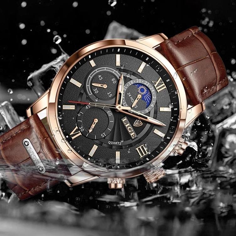 O17K LIGE 2022 terbaru original jam tangan pria tali kulit anti air olahraga kronograf jam tangan + kotak