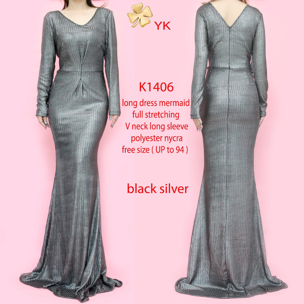 YKlongdress 1406 long dress pesta kondangan lengan panjang leher V jaring duyung black hitam hijab