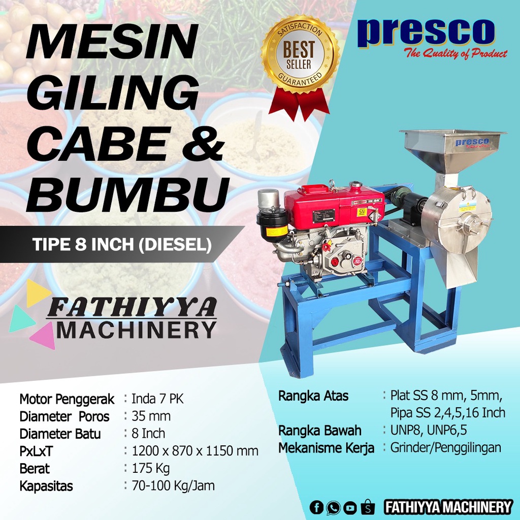 Mesin Giling Cabe dan Bumbu Merek Presco Tipe 8 inchi