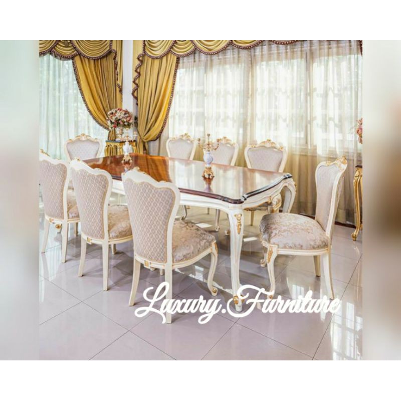 set meja makan minimalis 8 kursi sofa cantik jati warna duco putih mebel jepara