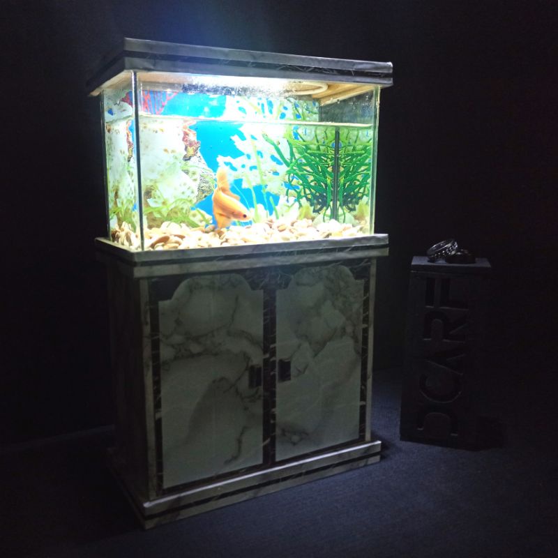 Aquarium Mini A17 Fullset (Kaca+Meja+Lampu+Batre+Batu Hias+Ikan Cupang) + Bundling 3 pakan dan obat,